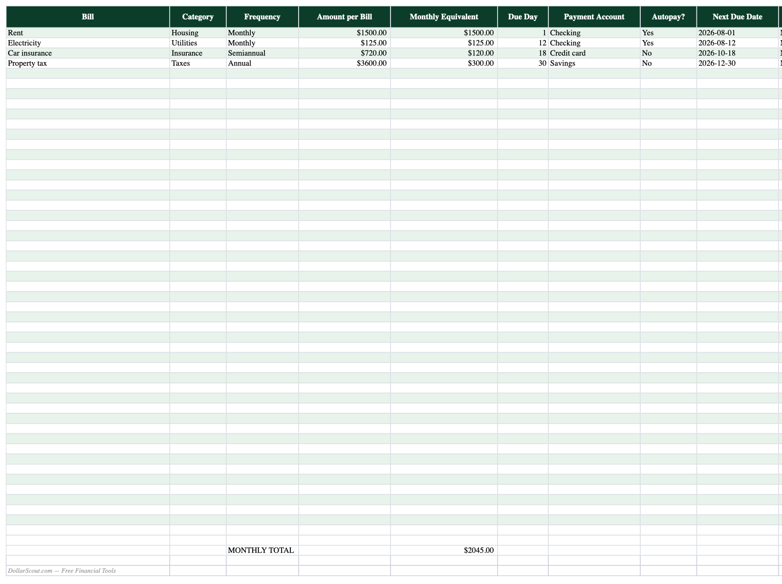 Bill payment calendar spreadsheet preview with frequency amount monthly equivalent due date account autopay and paid status