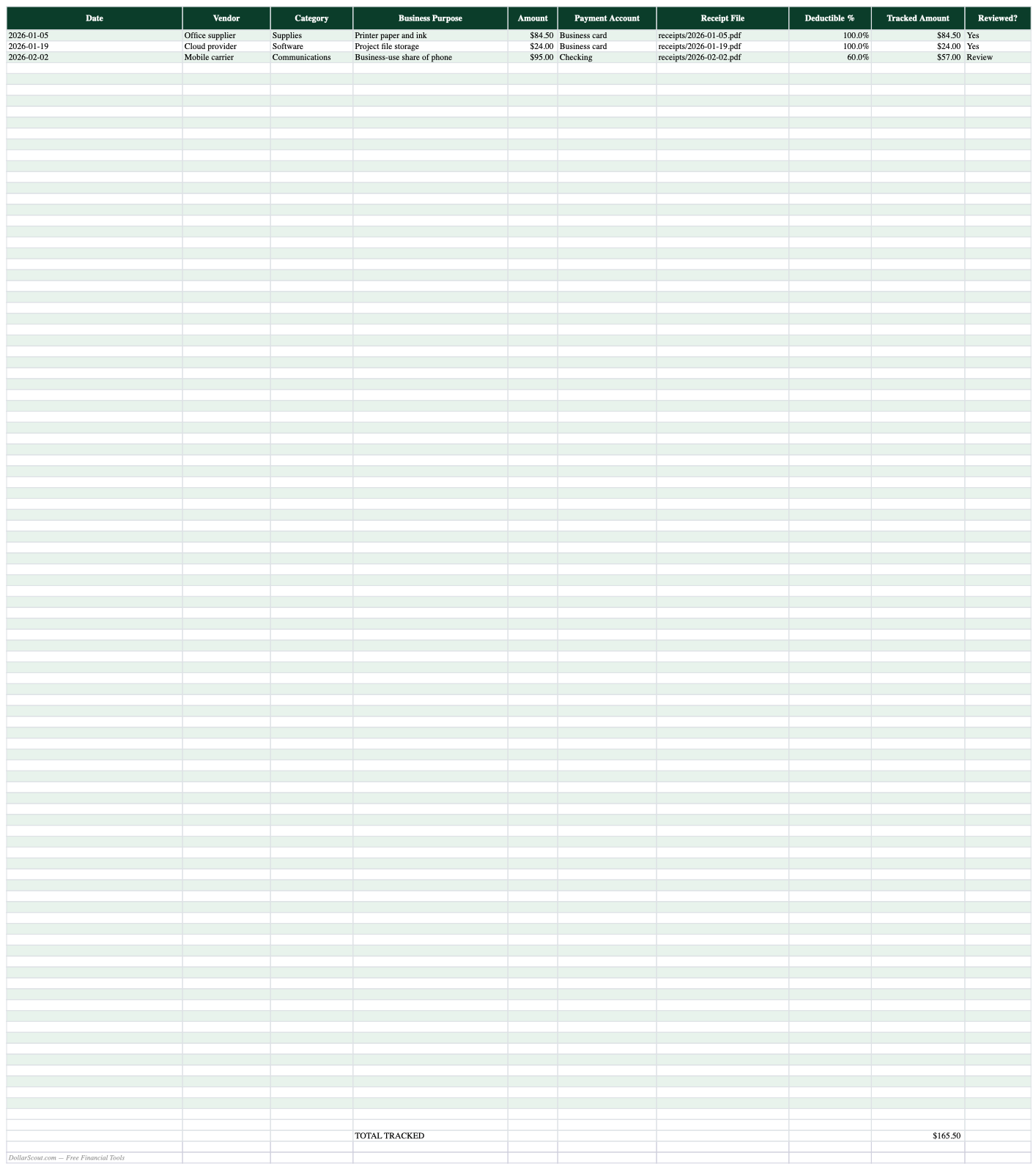 Tax deduction tracking spreadsheet preview with business purpose receipt reference deductible percentage and review status